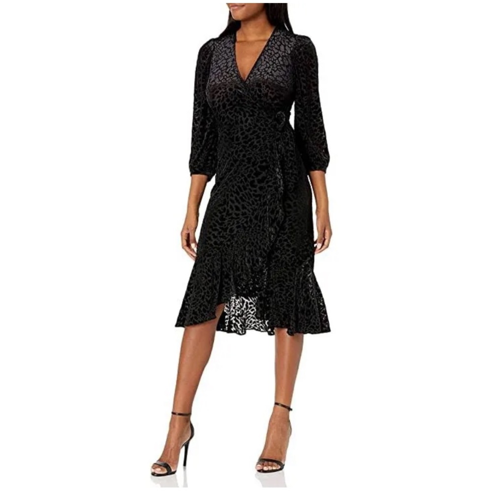 Black velvet leopard Calvin Klein wrap dress